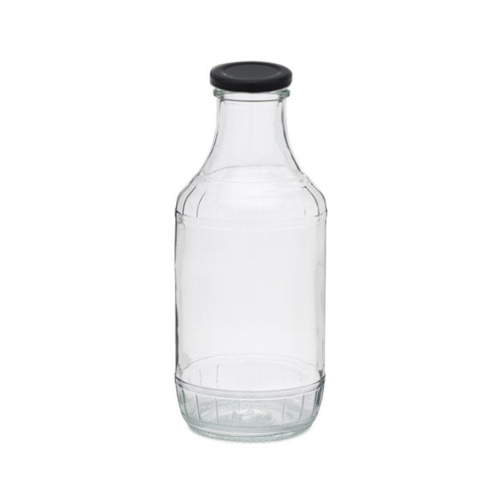 Sample- 16 oz Clear Glass BBQ Decanter Bottles w/ 38mm Black Lug Cap (12/Case)