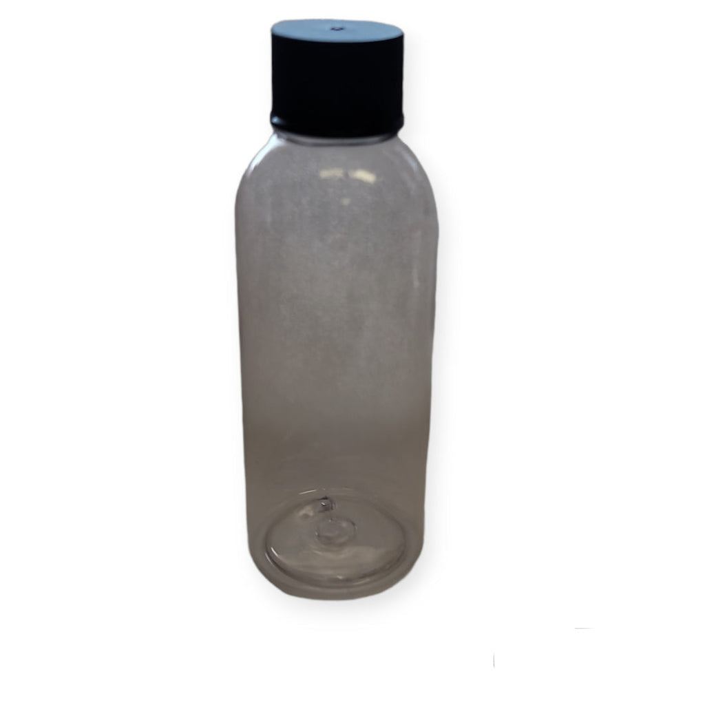 Sample- 2 oz Clear PET Plastic Cosmo Round w/20-410 Black Plastic Lined Cap