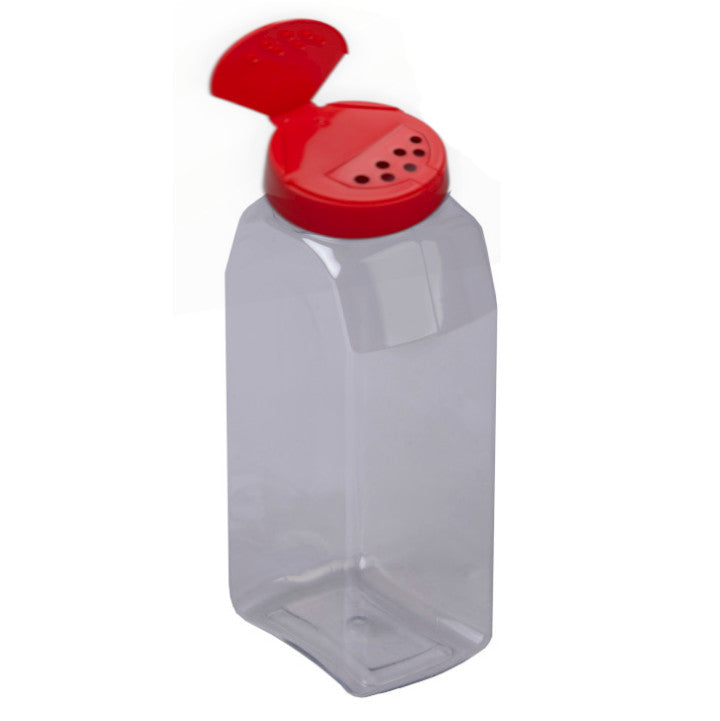 Sample- 6 Pack of 32 oz Clear PET Spice Jars w/ 63-485 Red Spice Cap w/ Spoon/Pour