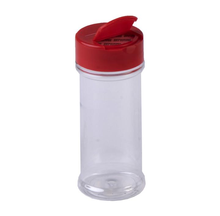 Sample- 5.5 oz Clear PET Spice Jars w/ 48-485 Red Spice Cap w/ Spoon/Pour