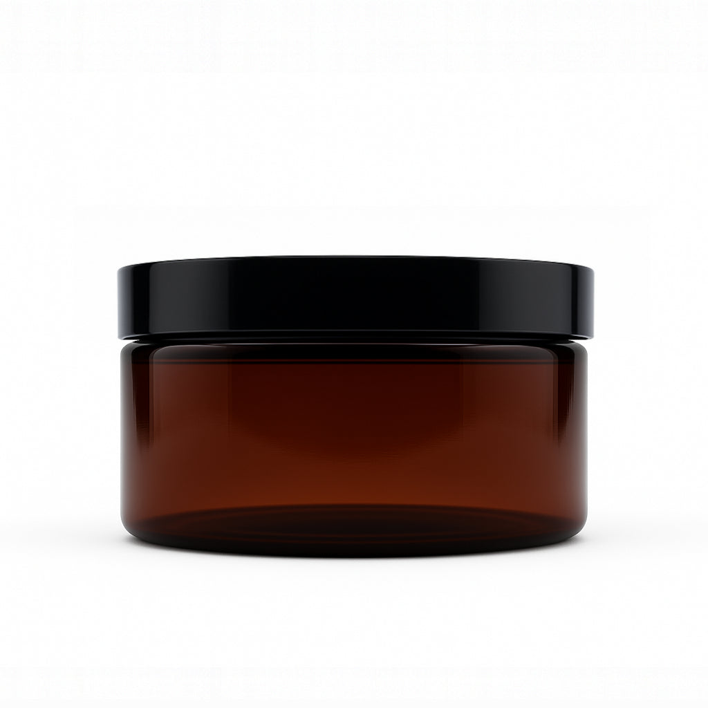 8 oz Amber PET Straight Side Jar w/ 89-400 Black Smooth Cap
