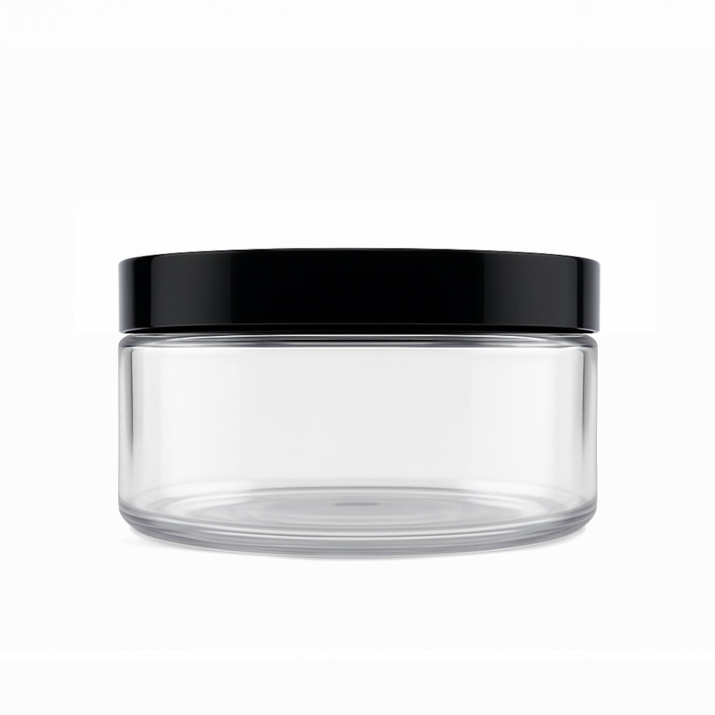 8 oz Clear PET Straight Side Jar w/ 89-400 Black Smooth Cap