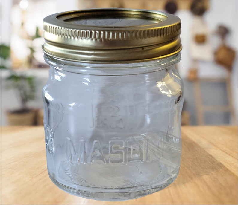 Sample- 8 oz. FLINT SQUARE Glass Mason Jelly Jar w/ 2 Part Gold Cap with Red Ring Liner (12/Case)