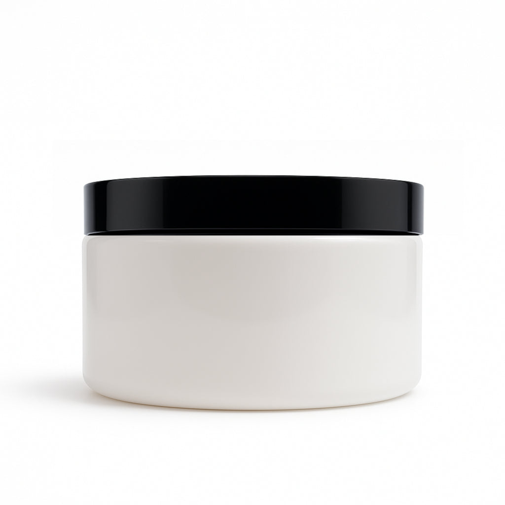8 oz White PET Straight Side Jar w/ 89-400 Black Smooth Cap