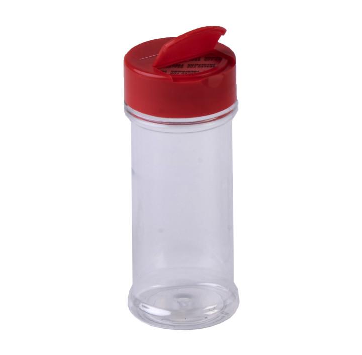 5.5 oz Clear PET Spice Jars w/ 48-485 Red Spice Cap w/ Spoon/Pour (690/Case)